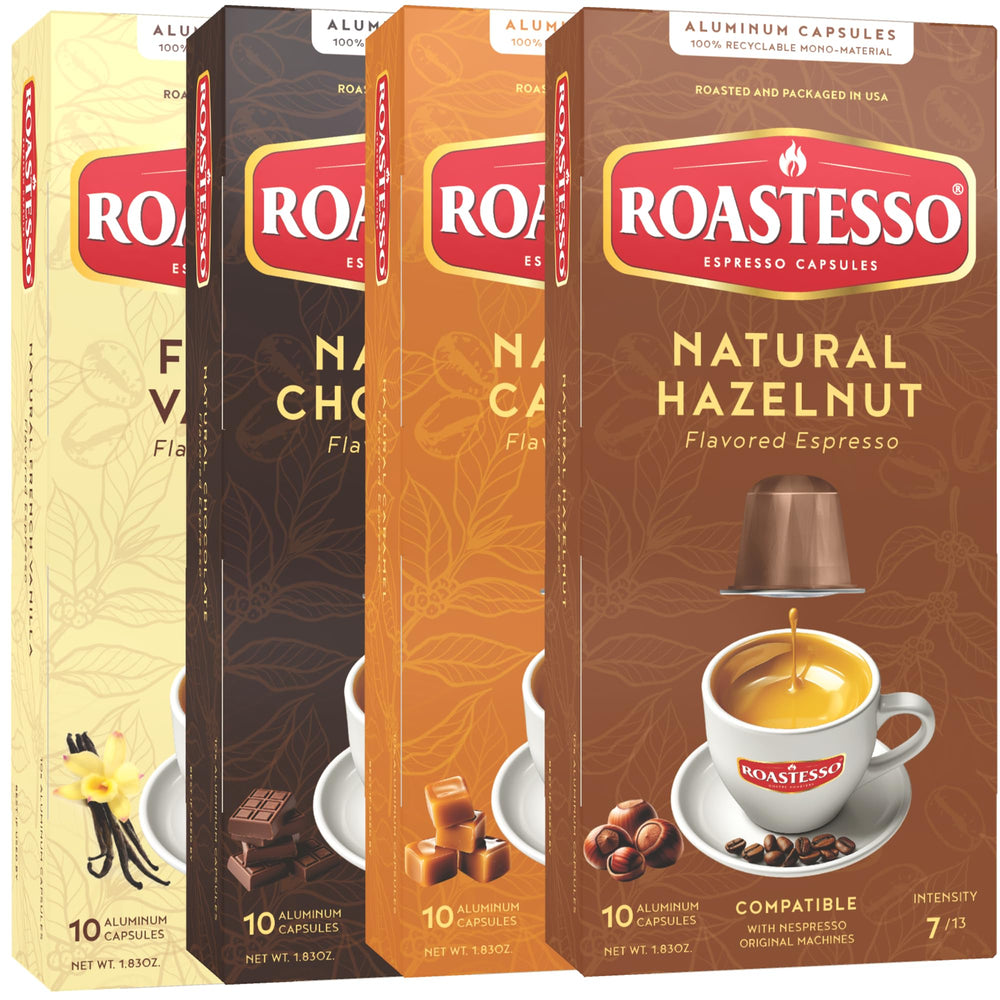 Roastesso front packaging showing 40-count variety pack and flavors benefiting selection
