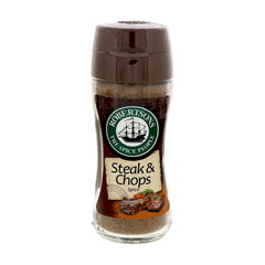 Robertson's front glass bottle displayed, seasoning adds rich grilled flavor