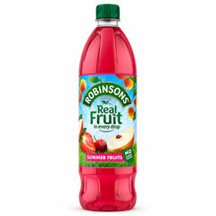 Robinsons label detail on 1L bottle highlighting no added sugar and added vitamins for informed choice