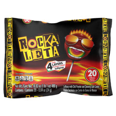 Rockaleta front packaging showing 20-count bag and colorful lollipops for easy selection