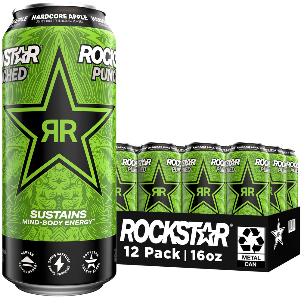 Rockstar can front view showing Hardcore Apple branding and bold flavor benefit