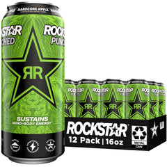 Rockstar can front view showing Hardcore Apple branding and bold flavor benefit