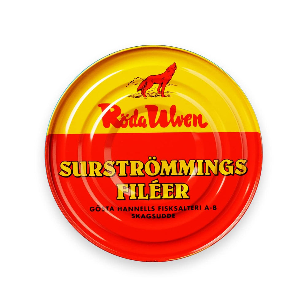 Röda Ulven front can showing label and 300g size, clear product identification and authenticity