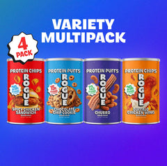 Rogue Snacks single-serve pouch opened with visible chips and puffs