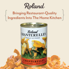 Roland Foods open can showing drained chanterelle mushrooms, ready for quick cooking and use