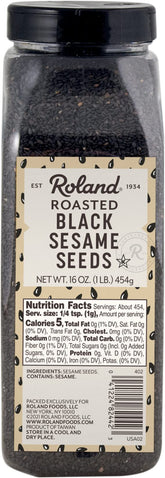 Roland Foods roasted black sesame seeds front packaging shows jar and label, enhances pantry appeal