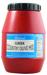 Roland Foods front tub image showing 4 lb 6 oz olive mix, great for catering