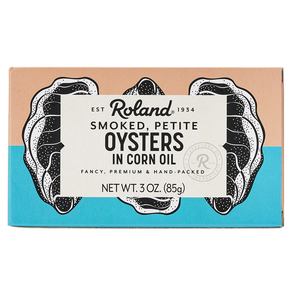 Roland Foods front tin view showing brand and compact smoked oysters in oil benefit convenience