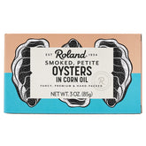 Roland Foods front tin view showing brand and compact smoked oysters in oil benefit convenience