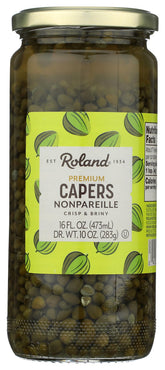 Roland Foods jar front view showing Nonpareille capers for pantry flavor