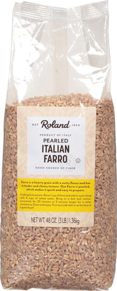 Roland Foods front packaging of 3 lb pearled farro showing brand and product benefit