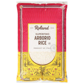 Roland Foods front packaging of superfino Arborio rice showing brand and 11 lb size for pantry stocking