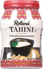 Roland Foods tahini jar front view, clear label for pantry stocking