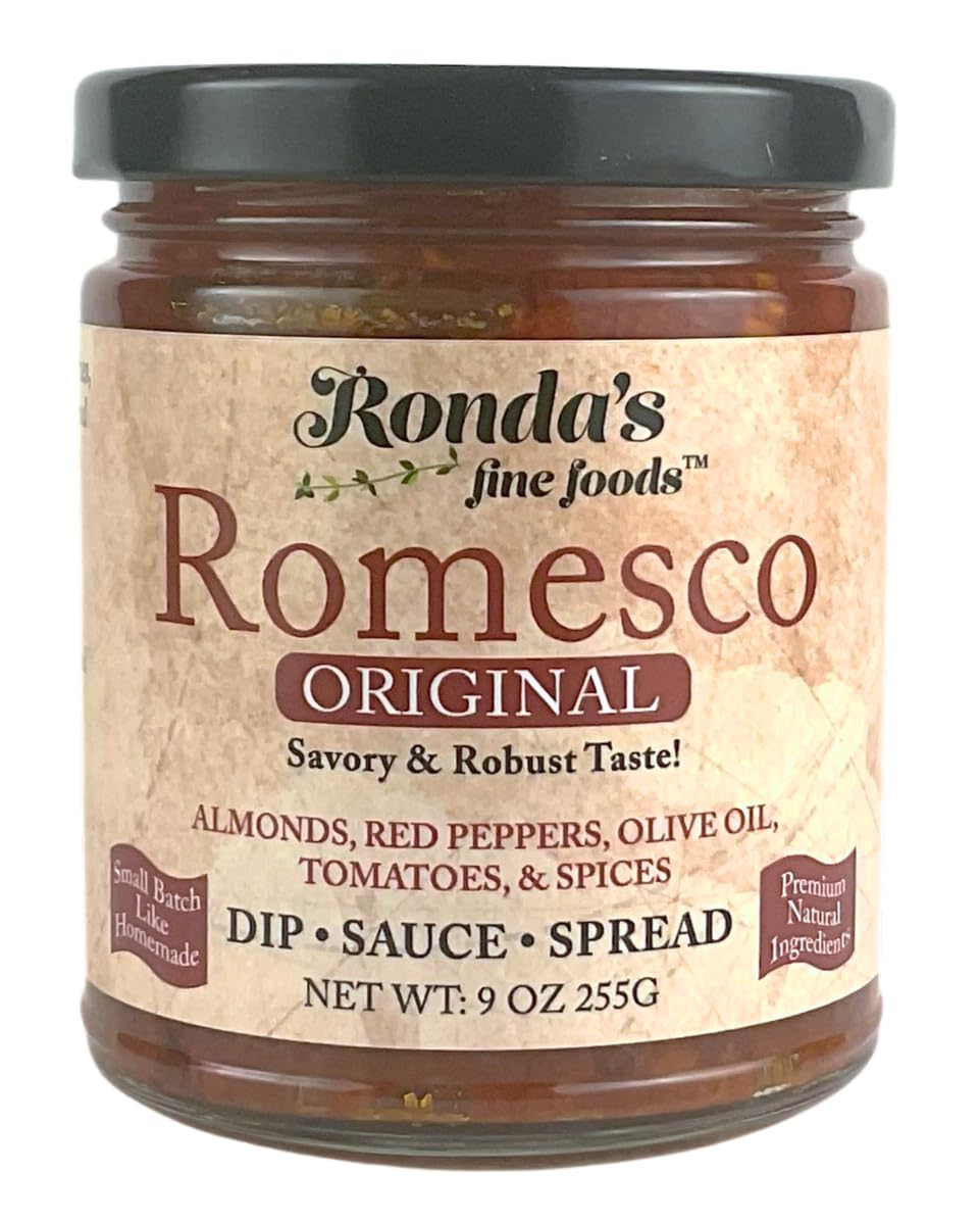 Ronda's Fine Foods jar front view showing label and rich romesco sauce benefit flavor