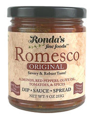 Ronda's Fine Foods jar front view showing label and rich romesco sauce benefit flavor