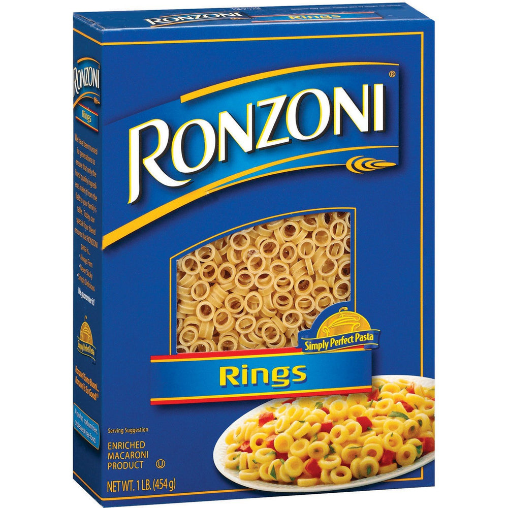 Ronzoni front packaging showing product and non-GMO label, convenient 3-pack benefit