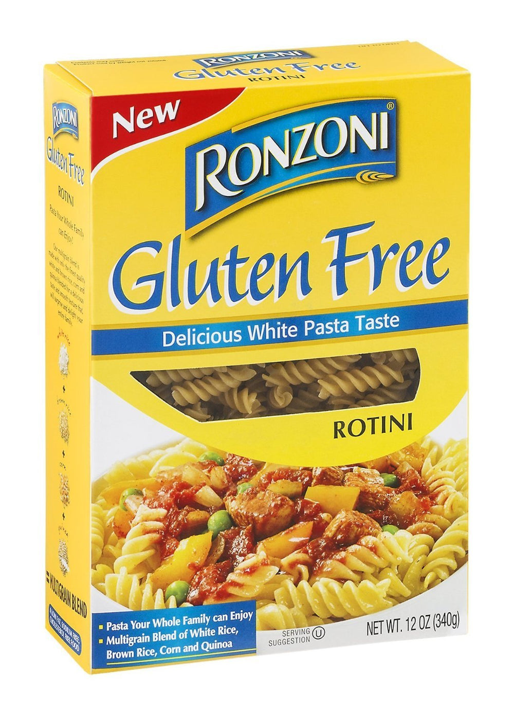 Ronzoni front packaging showing gluten free rotini, clear spirals and pantry-ready convenience