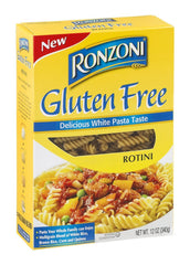 Ronzoni front packaging showing gluten free rotini, clear spirals and pantry-ready convenience