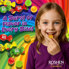 Roshen candies spread out to show color variety and appealing fruit-filled centers