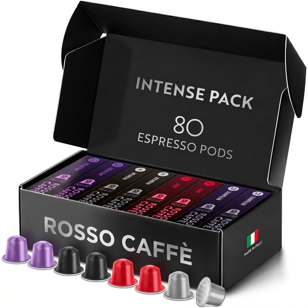 ROSSO CAFFÈ front packaging showing 80 intense pods and bold branding benefit: long-lasting supply