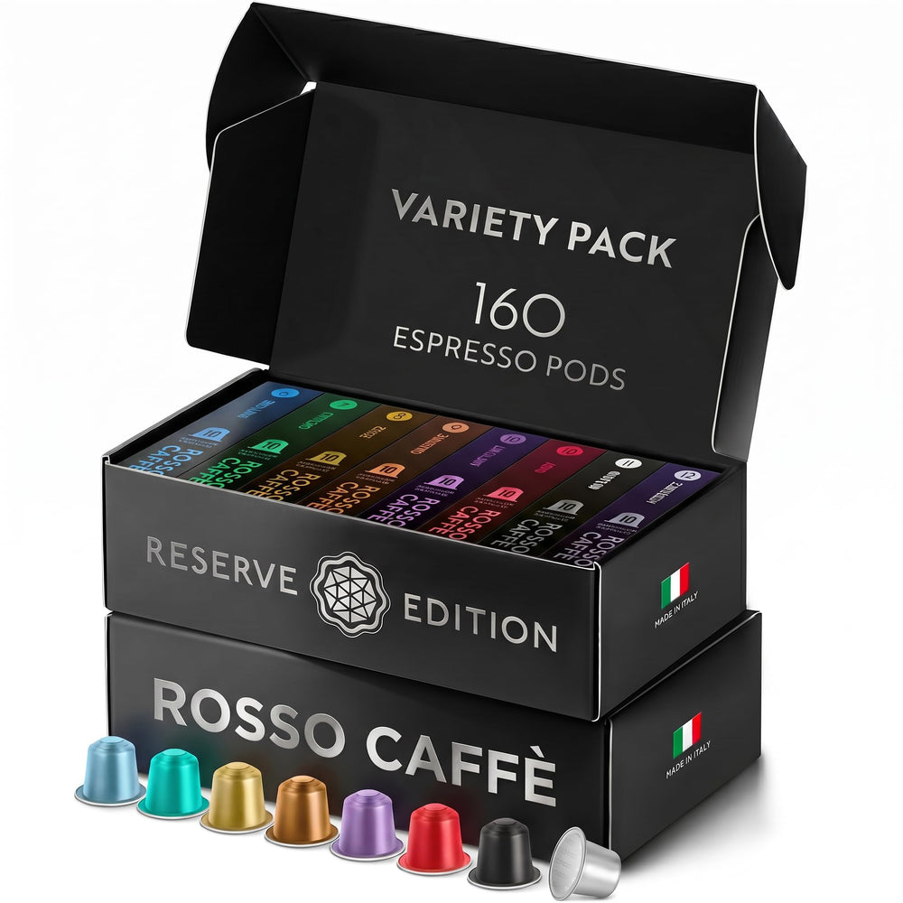 ROSso CAFFÈ front packaging showing 160-count variety pack and convenience benefits
