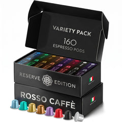 ROSso CAFFÈ front packaging showing 160-count variety pack and convenience benefits
