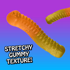 Rotten gummy worms in hand showing portion size and portability