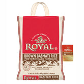 Royal brand front packaging of 10 lb brown basmati rice showing product identity and quantity