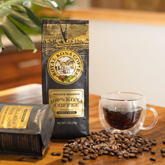 ROYAL KONA COFFEE bag unsealed with steam to show preserved freshness and scent