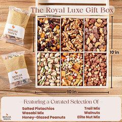 Royal Nuts six-compartment top view displaying variety and individually sealed packs