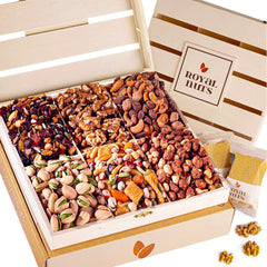 Royal Nuts wooden crate front view showing elegant gift presentation and reusable box
