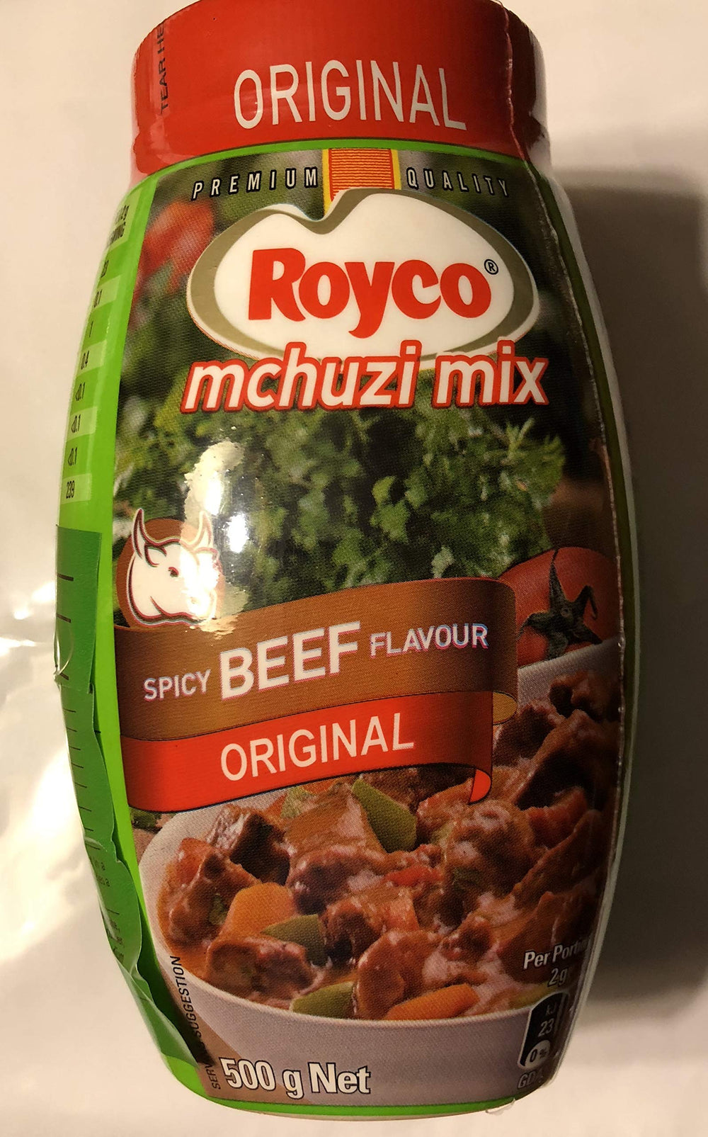 Royco front packaging showing 500g spicy beef seasoning, enhances stews