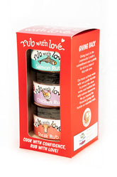 Rub with Love front packaging showing three jars and gift-ready box, convenient gifting