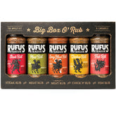 Rufus Teague front packaging shows gift-ready BBQ rub set and convenience
