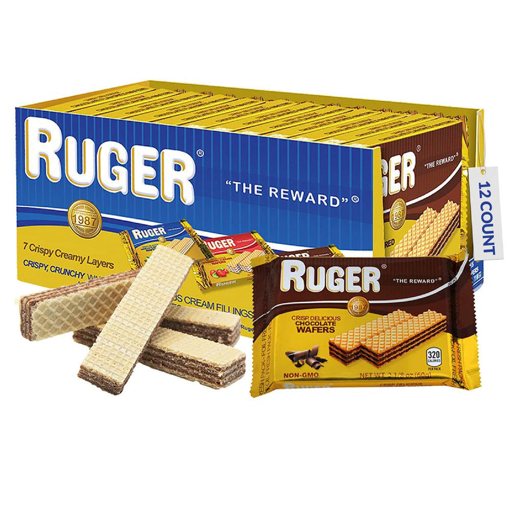 RUGER front packaging showing 12 individual chocolate wafer packs and branding benefit: convenient freshness