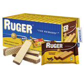 RUGER front packaging showing 12 individual chocolate wafer packs and branding benefit: convenient freshness