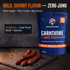 Rugged Unleashed beef stick in hand demonstrates portion size and convenience