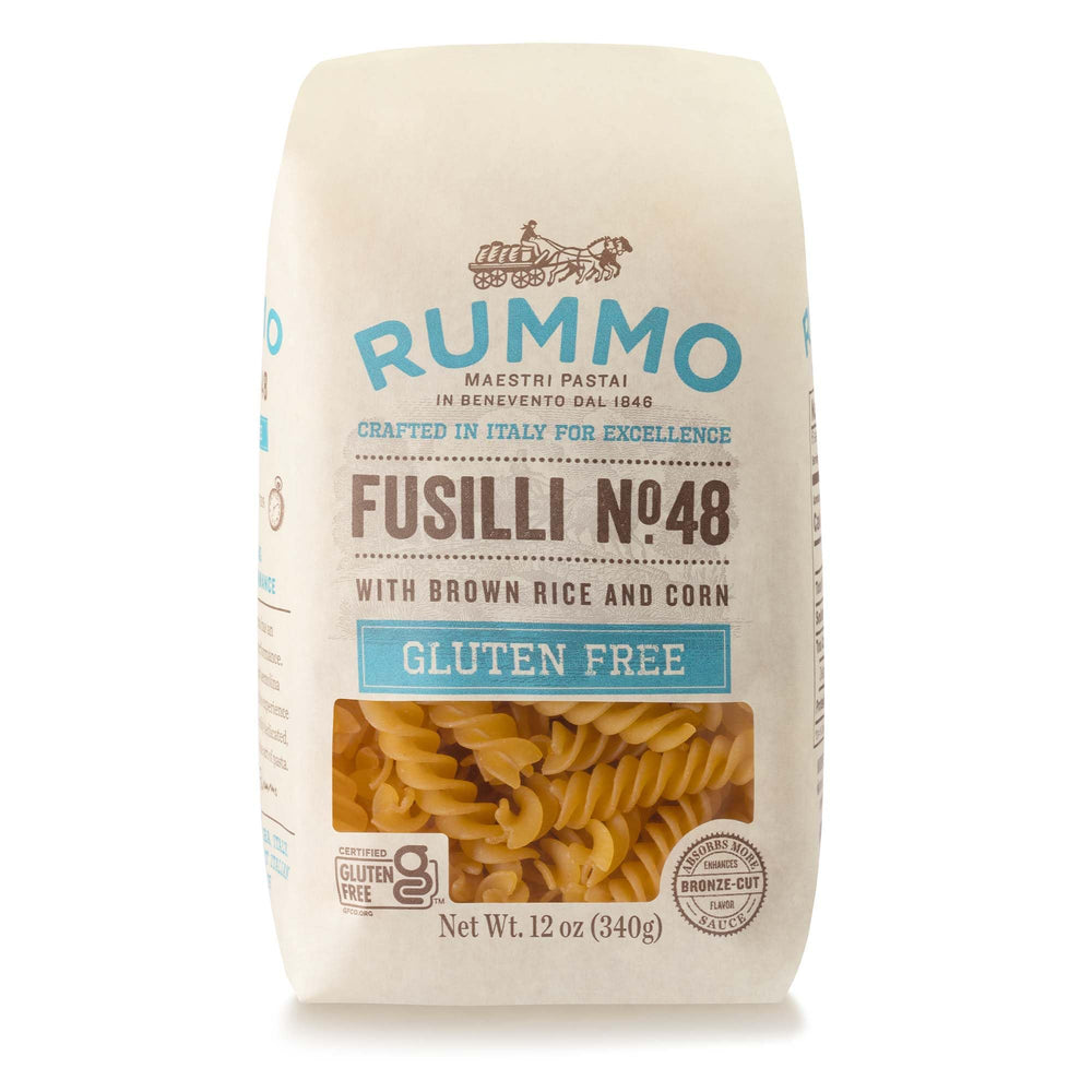 Rummo front packaging of gluten free fusilli showing brand and pack benefit