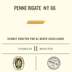 Rummo plated cooked penne rigate demonstrating ideal sauce adherence