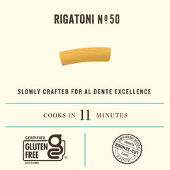 Rummo plated cooked rigatoni demonstrating firm texture and hearty serving