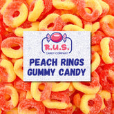 R.U.S. Candy front packaging showing fresh bulk peach ring supply and convenience