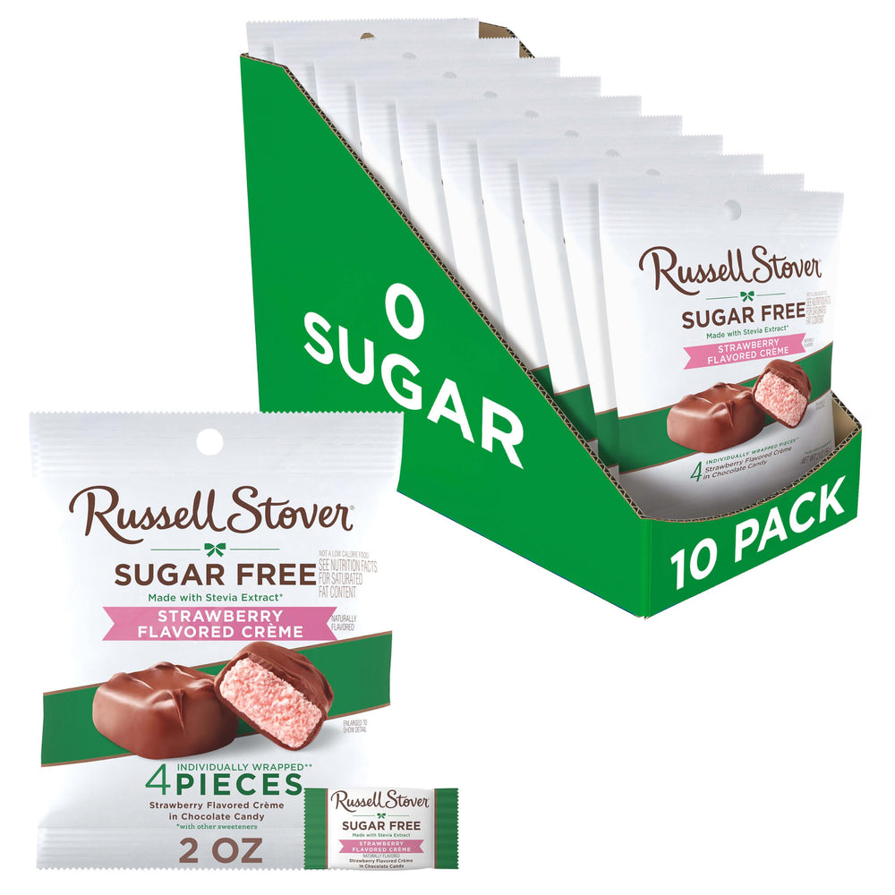 Russell Stover front packaging showing sugar free strawberry crème benefit
