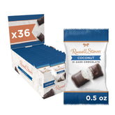 Russell Stover front packaging showing 36-piece dark chocolate coconut pack and convenience