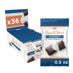 Russell Stover front packaging showing 36-piece dark chocolate coconut pack and convenience