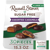 Russell Stover front packaging showing 15.3 oz bag and branding, convenient snacking