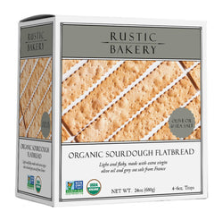 Rustic Bakery front packaging showing olive oil and sel gris flavor and serving suggestion