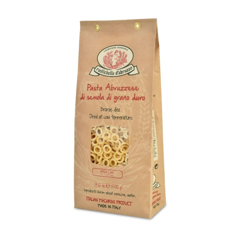 Rustichella d'Abruzzo front packaging showing artisan anellini and brand trust