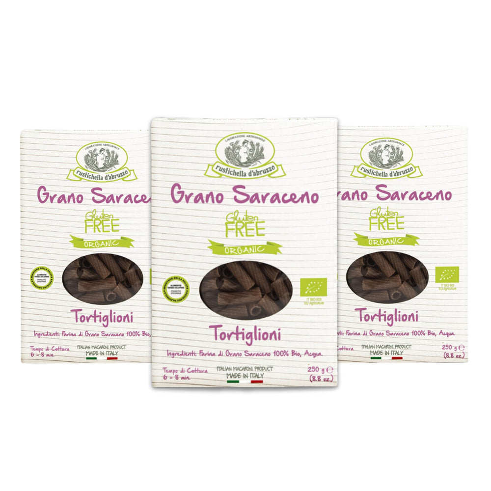 Rustichella d'Abruzzo front packaging showing organic buckwheat tortiglioni benefit convenience