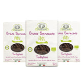Rustichella d'Abruzzo front packaging showing organic buckwheat tortiglioni benefit convenience