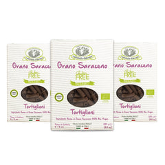 Rustichella d'Abruzzo front packaging showing organic buckwheat tortiglioni benefit convenience
